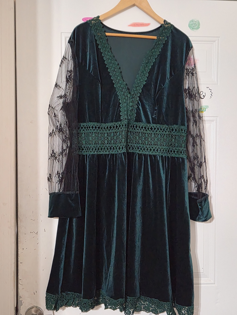 SHEIN Emerald Green Velvet Crochet-Trim V-Neck Dress
